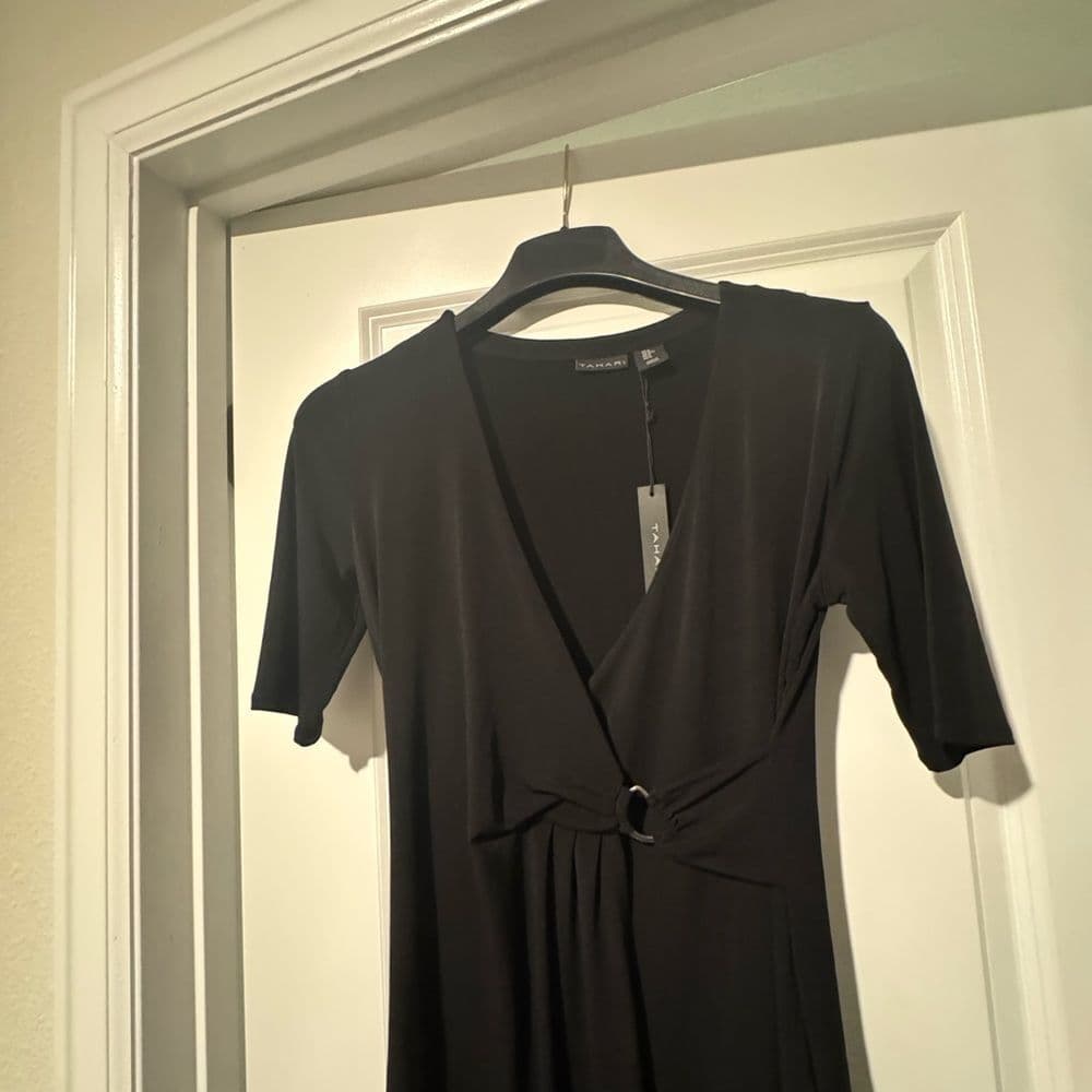 Tahari Black Sheath Midi Dress V-Neck Short Sleeve - Thumbnail 2