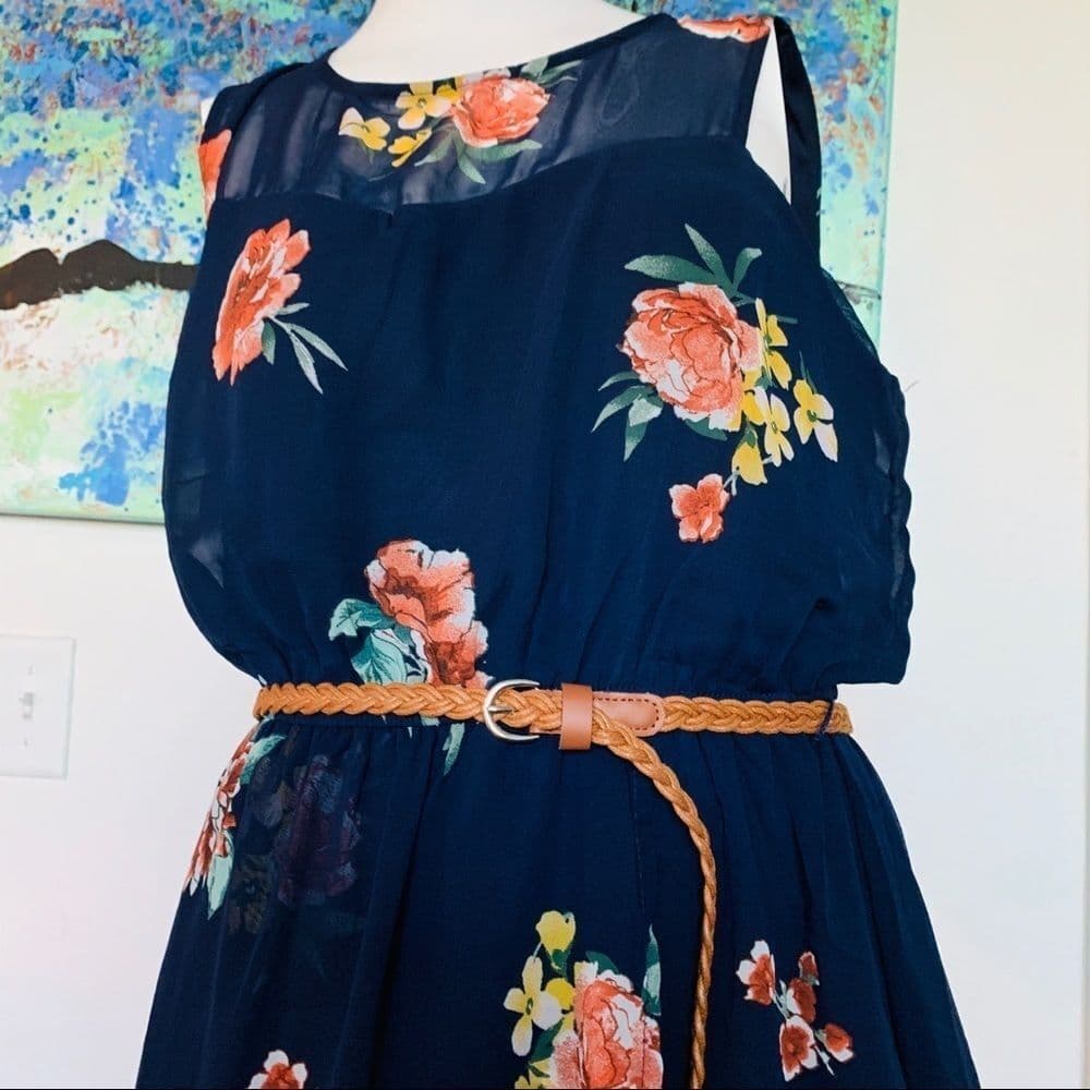 Women’s floral prints navy blue dress - Thumbnail 3