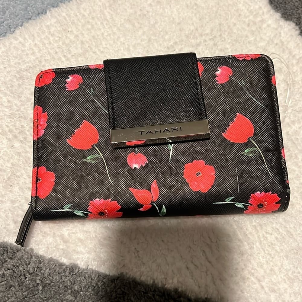 Tahari Black and‎ Red Floral Wallet