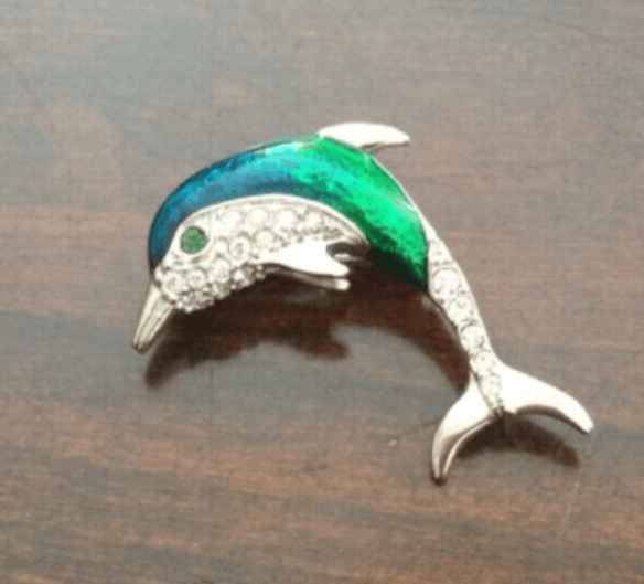 Krementz Sterling Silver Blue Green Enamel Rhinestone Dolphin Pin Brooch SS - Thumbnail 2