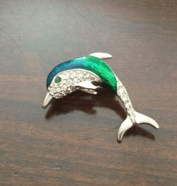 Krementz Sterling Silver Blue Green Enamel Rhinestone Dolphin Pin Brooch SS - Thumbnail 5