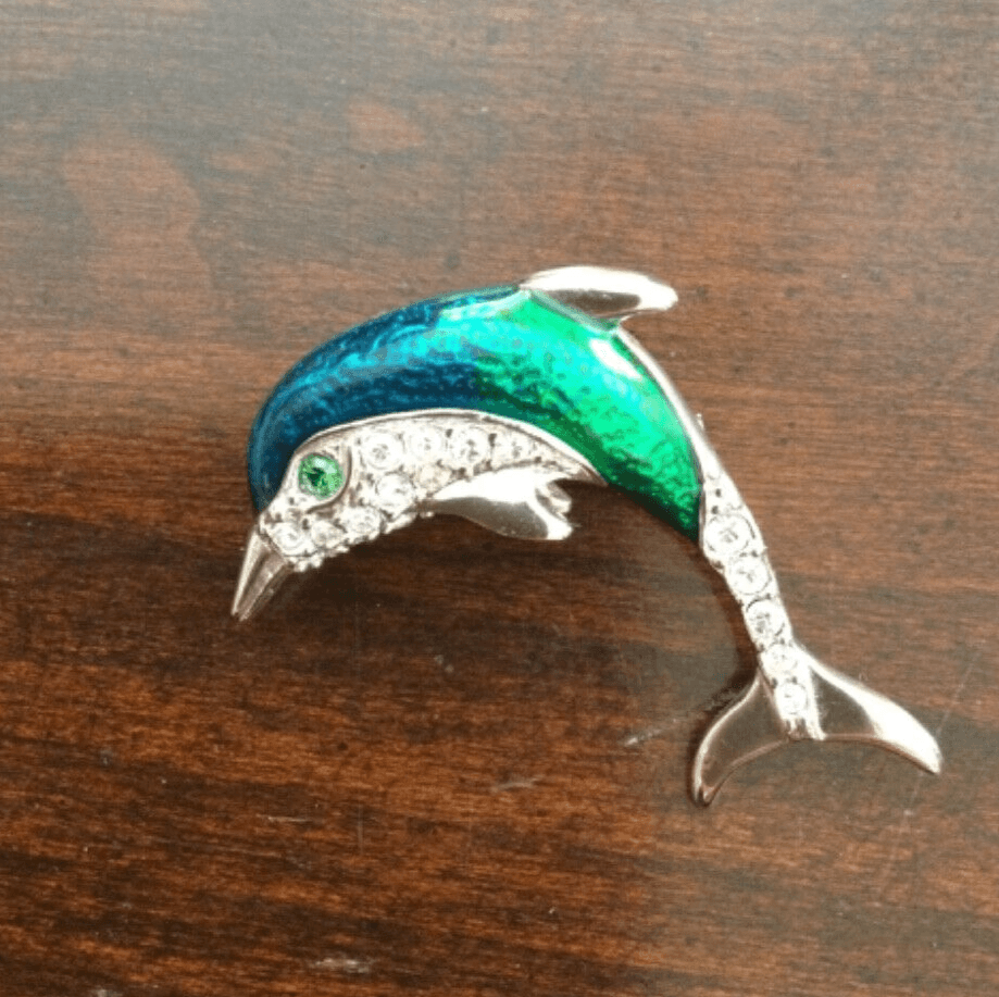 Krementz Sterling Silver Blue Green Enamel Rhinestone Dolphin Pin Brooch SS - Thumbnail 3