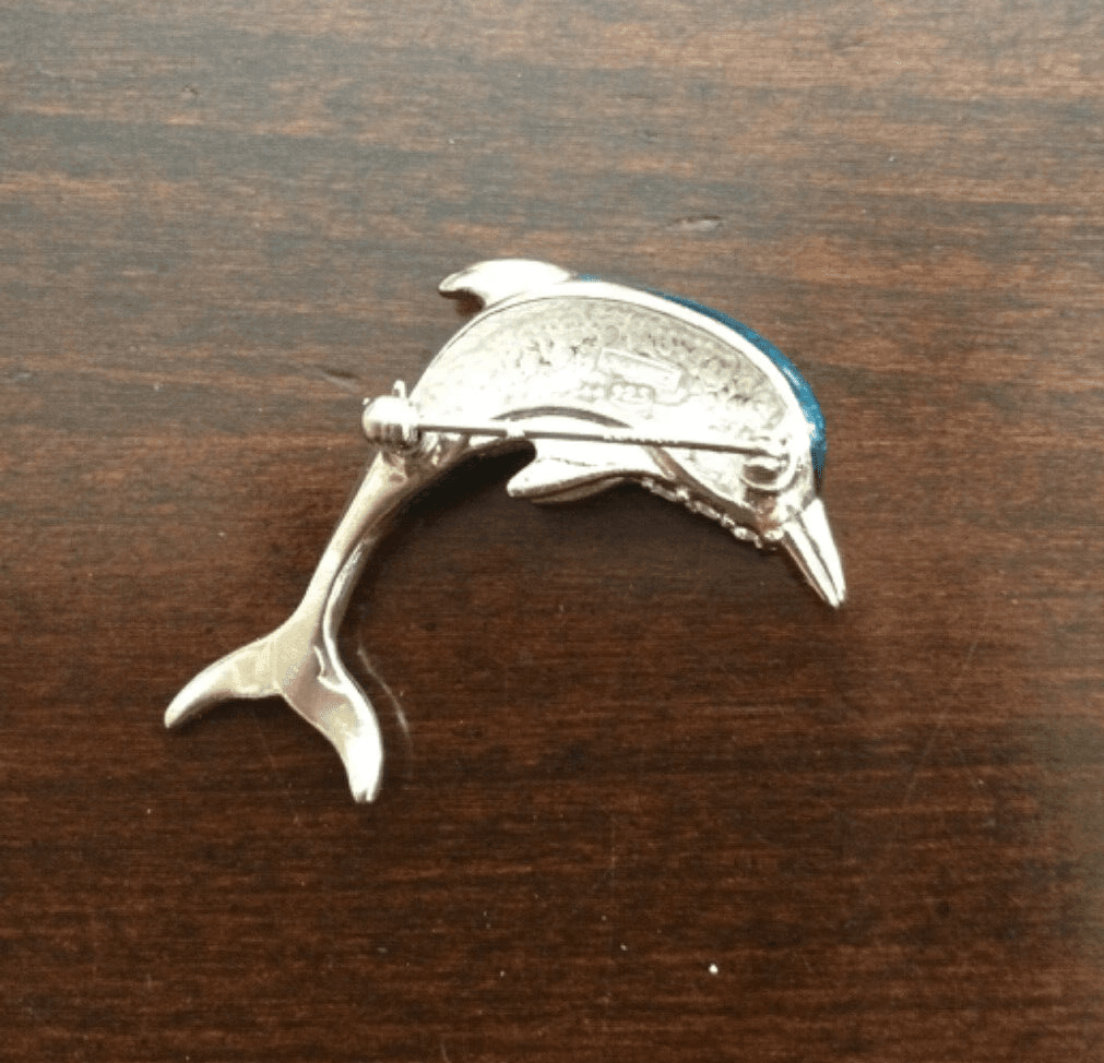 Krementz Sterling Silver Blue Green Enamel Rhinestone Dolphin Pin Brooch SS - Thumbnail 6
