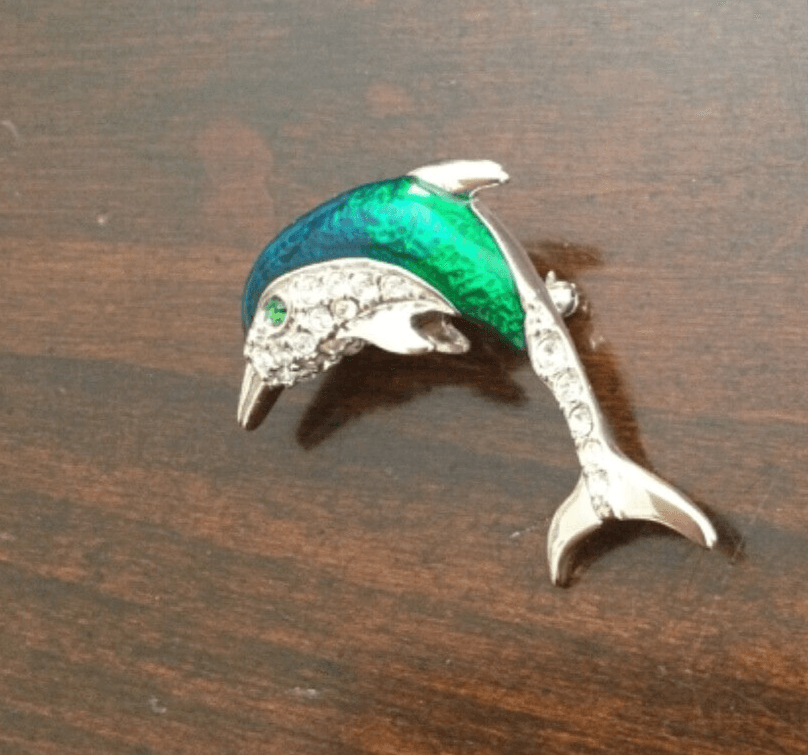 Krementz Sterling Silver Blue Green Enamel Rhinestone Dolphin Pin Brooch SS - Thumbnail 4