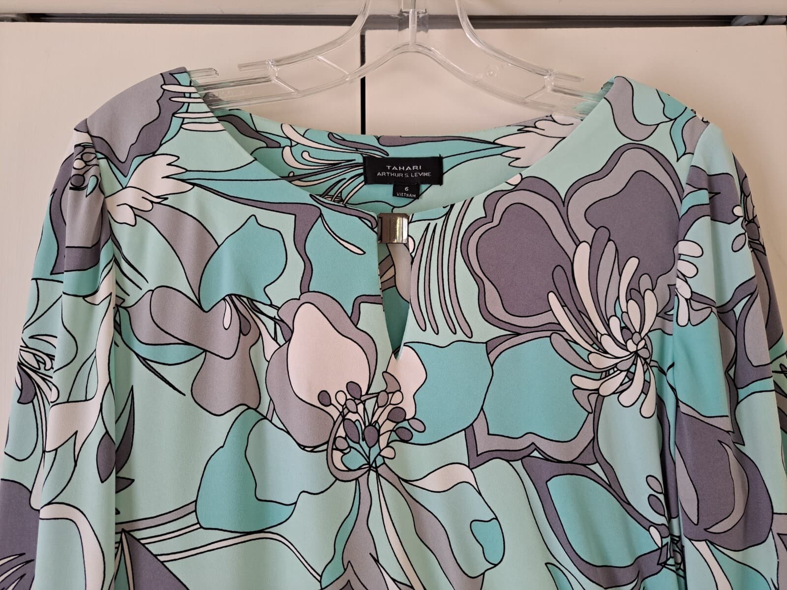 Tahari ASL Blue Floral Keyhole Sz 6 Long Sleeve Shift Sheath Dress Lined - Thumbnail 4