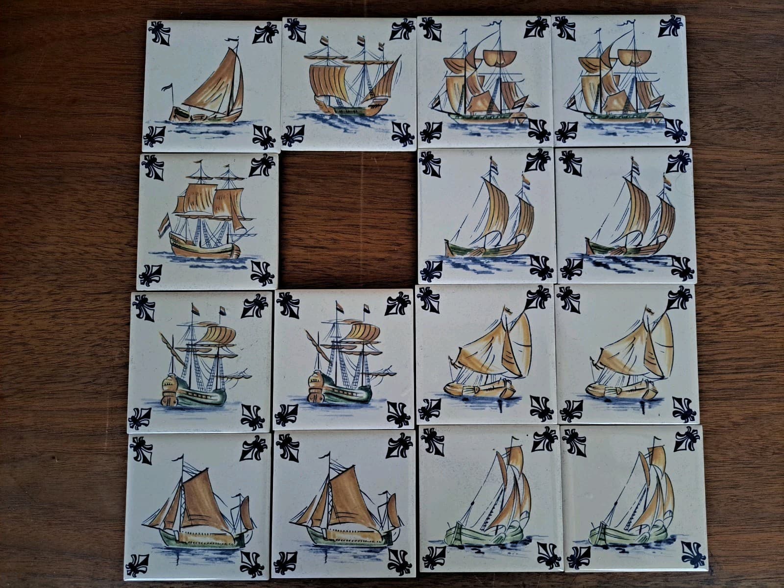 Vintage Set 15 KLM Airlines Dutch Delft Ceramic POLICHROME Tile Coasters Ships - Thumbnail 2