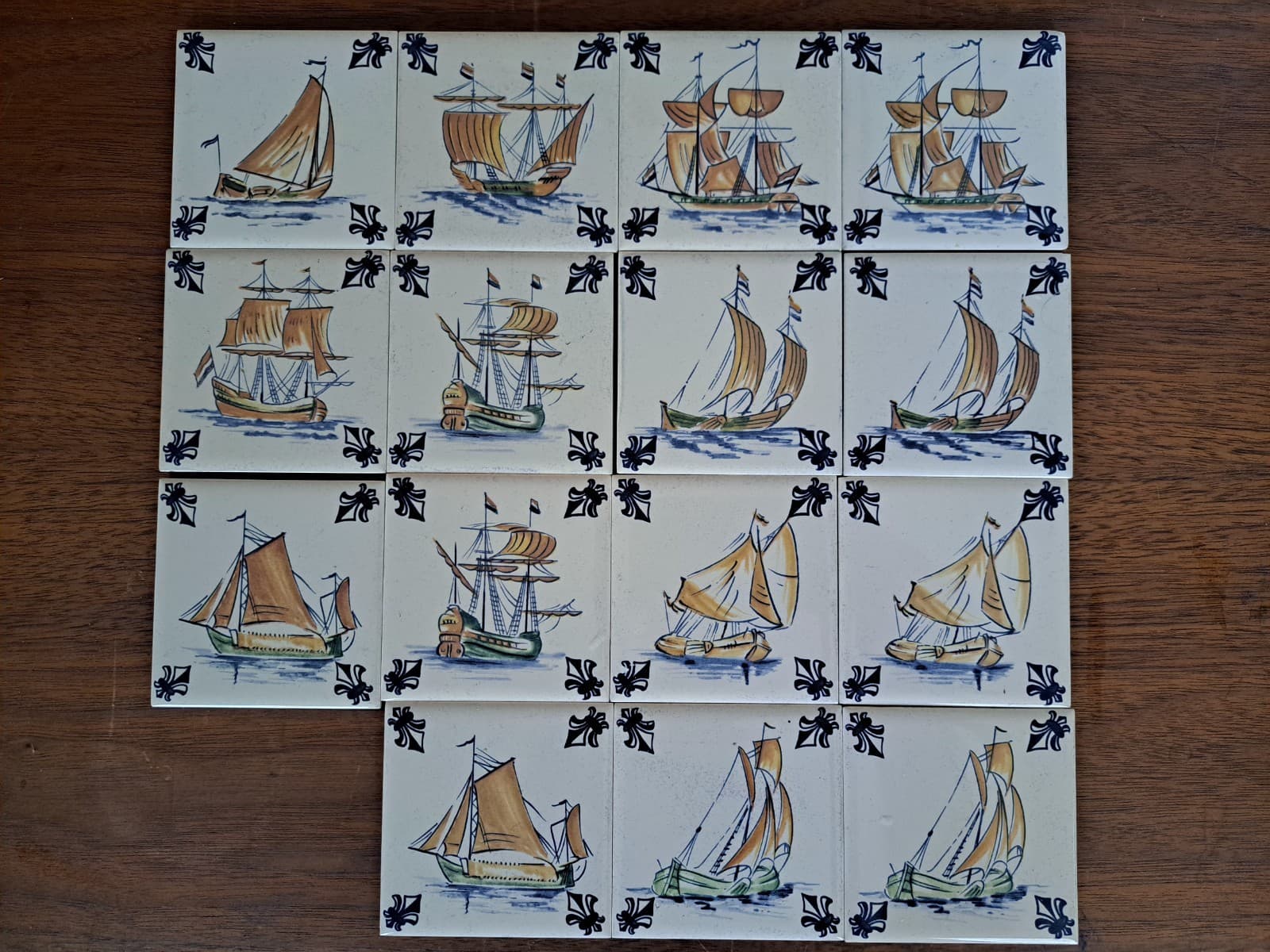 Vintage Set 15 KLM Airlines Dutch Delft Ceramic POLICHROME Tile Coasters Ships - Thumbnail 13