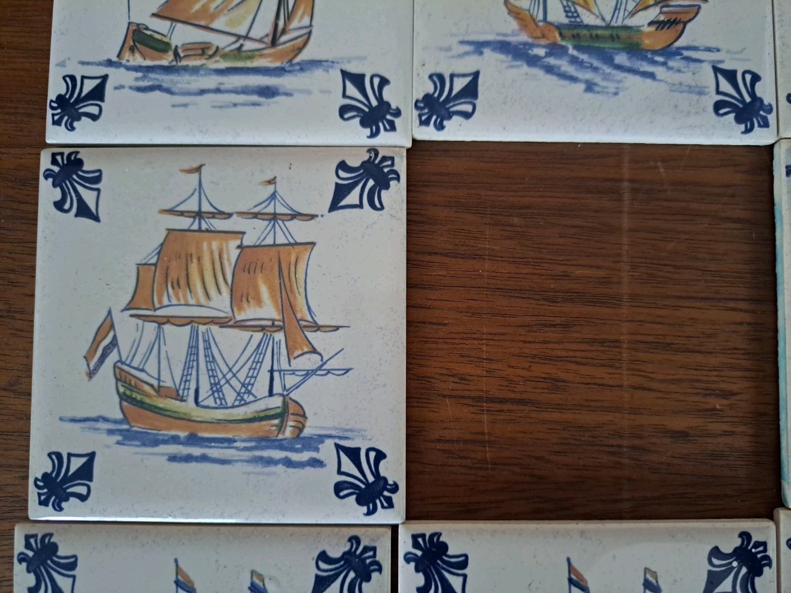 Vintage Set 15 KLM Airlines Dutch Delft Ceramic POLICHROME Tile Coasters Ships - Thumbnail 5