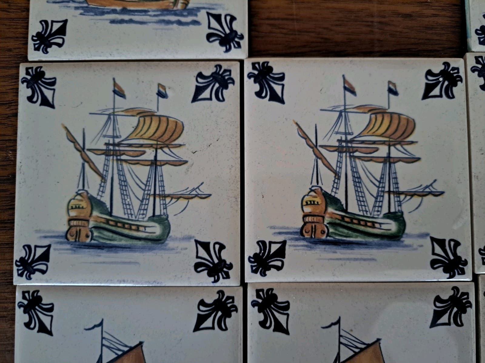 Vintage Set 15 KLM Airlines Dutch Delft Ceramic POLICHROME Tile Coasters Ships - Thumbnail 4