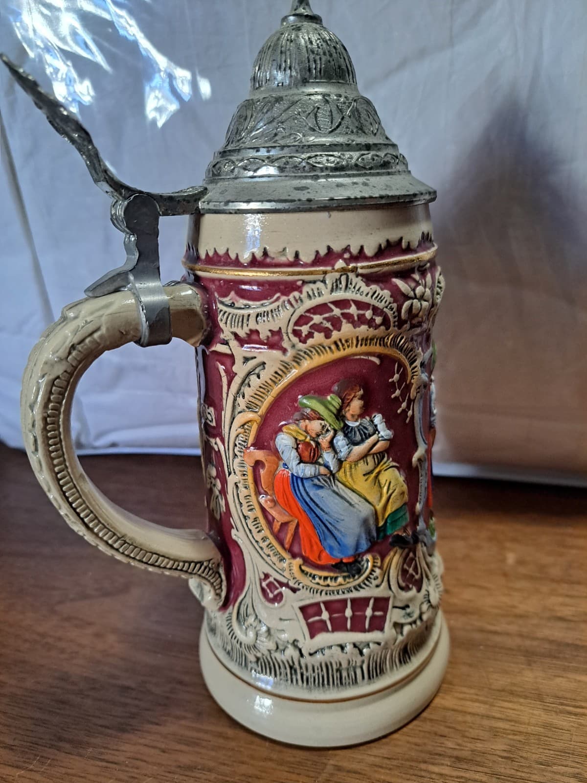 ALT GRENZAU 1894 Ceramic Beer Stein w/ Lid 3 Panel Tavern Scene Western Germany - Thumbnail 5