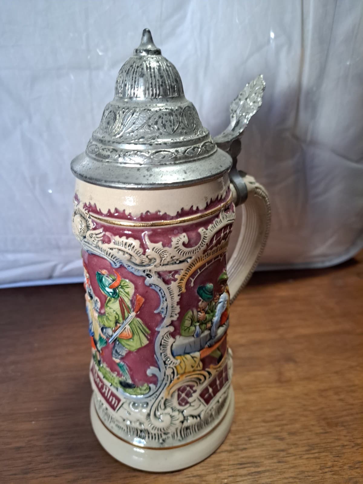 ALT GRENZAU 1894 Ceramic Beer Stein w/ Lid 3 Panel Tavern Scene Western Germany - Thumbnail 3