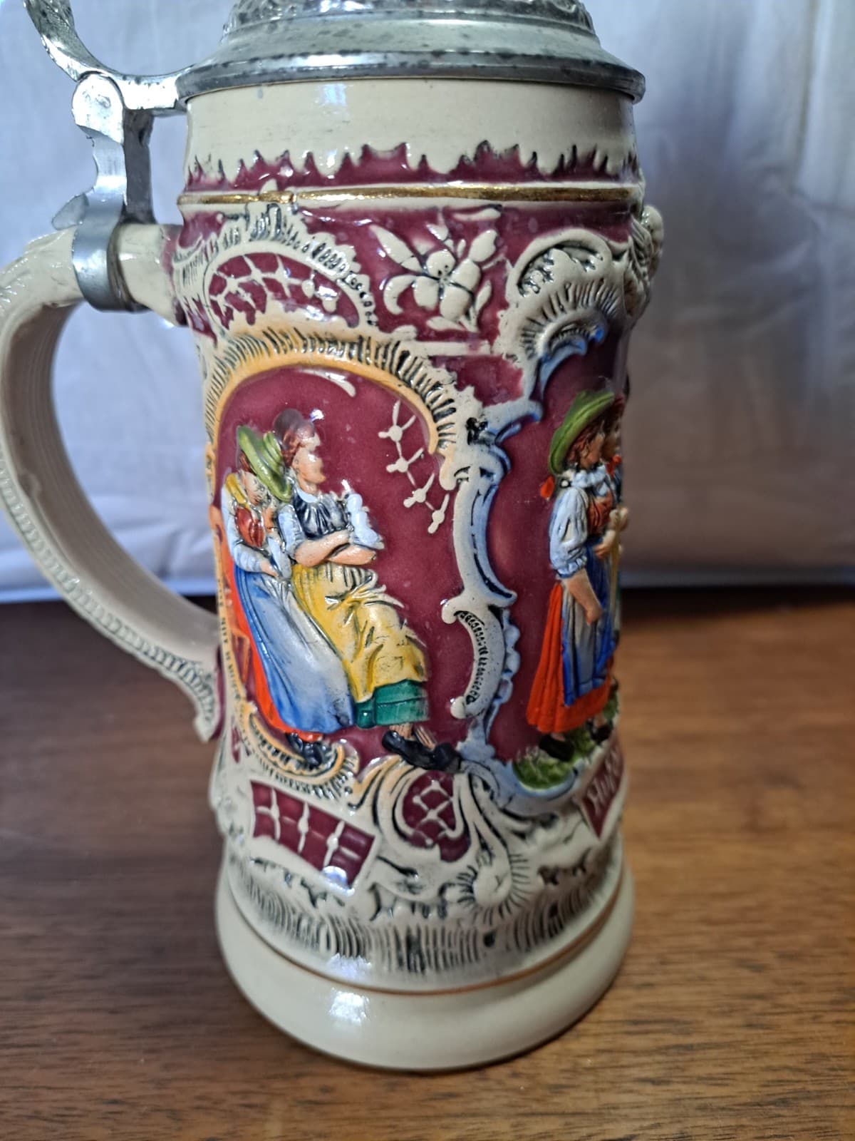 ALT GRENZAU 1894 Ceramic Beer Stein w/ Lid 3 Panel Tavern Scene Western Germany - Thumbnail 4