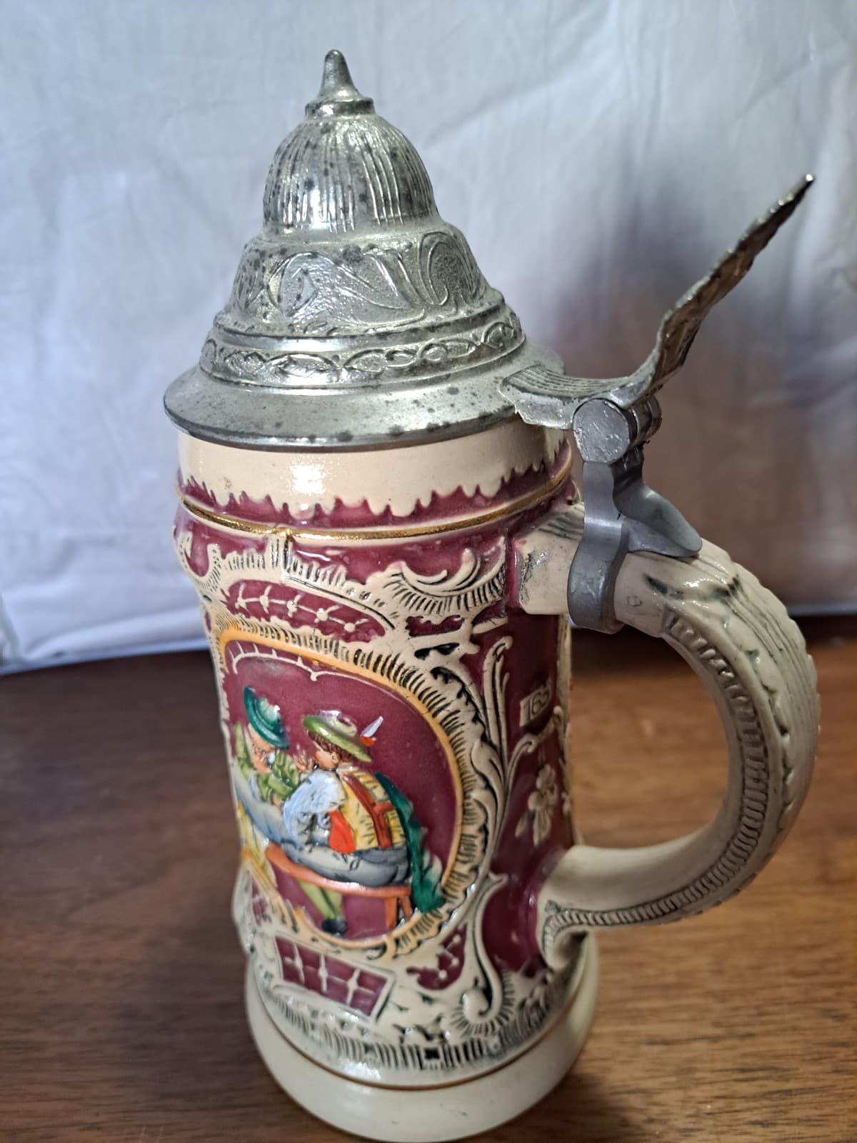 ALT GRENZAU 1894 Ceramic Beer Stein w/ Lid 3 Panel Tavern Scene Western Germany - Thumbnail 2