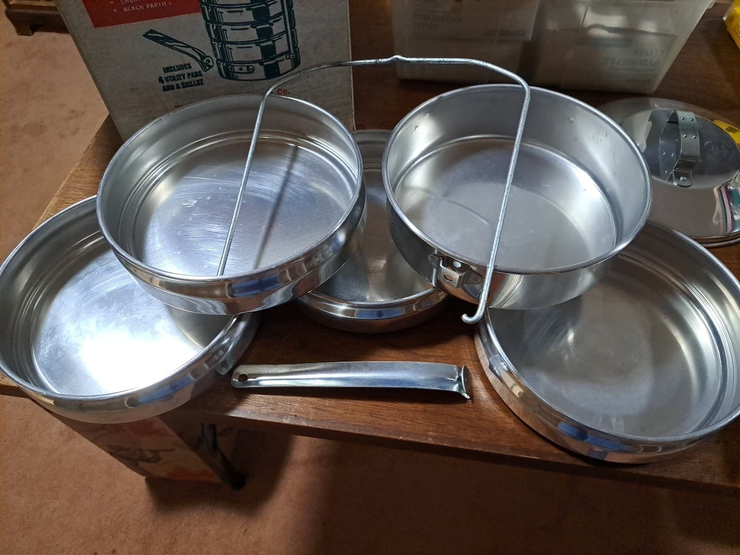 Buckeye 1960's Aluminum Picnic Pack Stacking Food Canisters Camping Cookware Box - Thumbnail 4