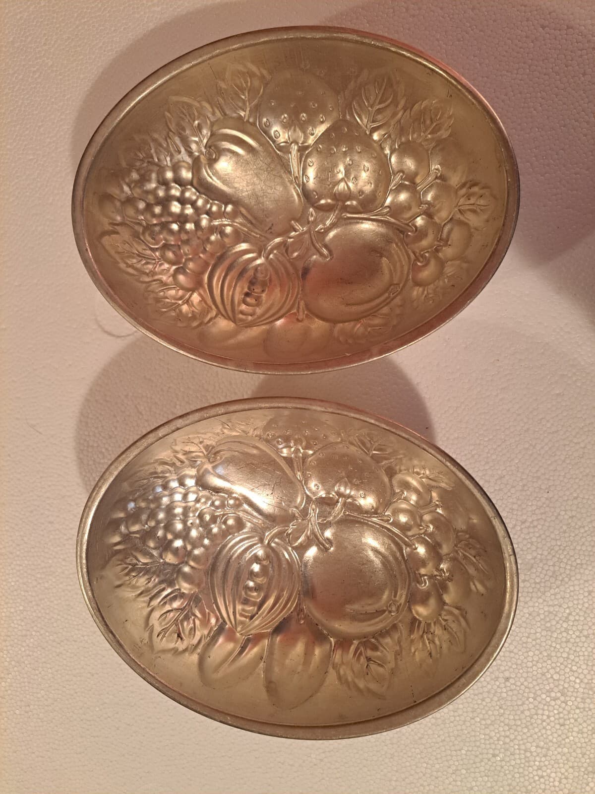 Vintage Pair Aluminum 8" Oval Egg w/ Fruit Design Molds Ice Jello Cake Chocolate - Thumbnail 4