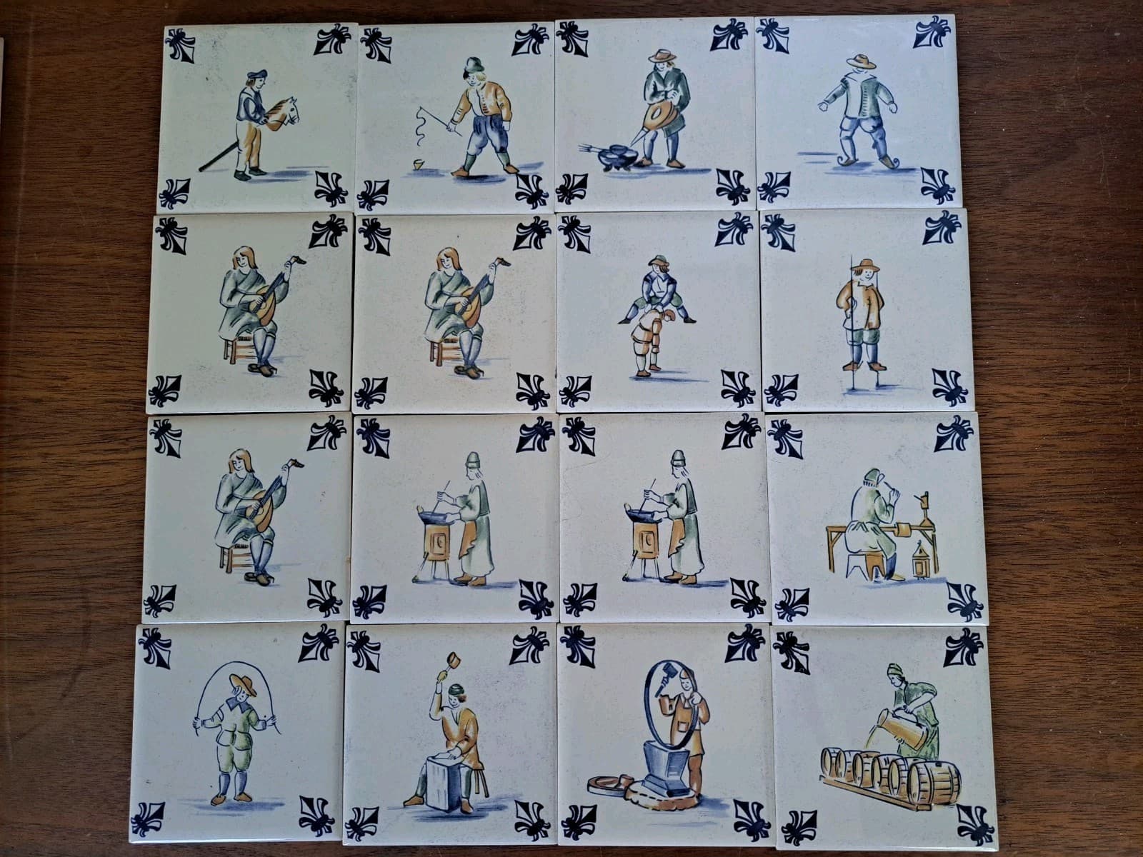 VTG Set 16 KLM Airline Dutch Delft Blue POLYCHROME Tile Coaster Games Workers 3" - Thumbnail 11