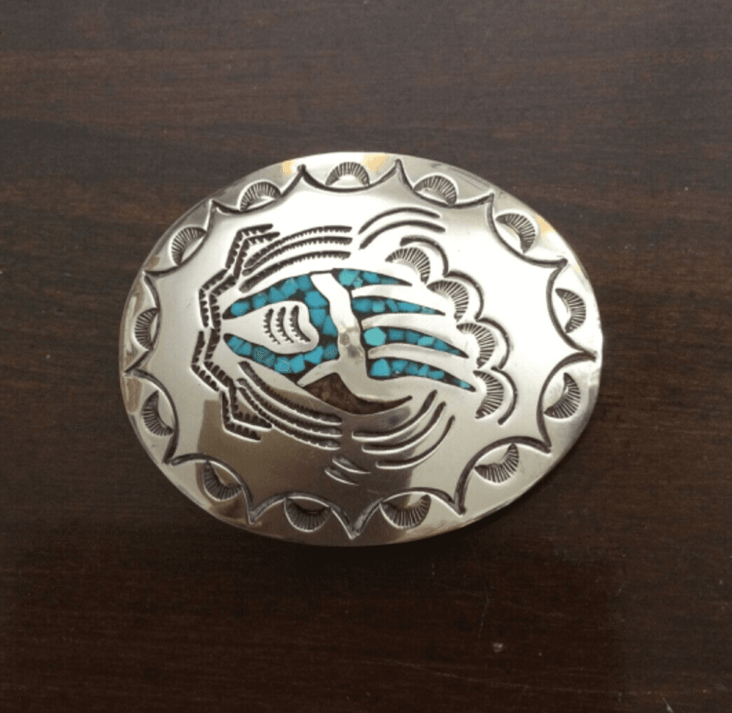 J. Nezzie Navajo Native American Bear Paw Coral Turquoise Inlaid Belt Buckle 22g - Thumbnail 2