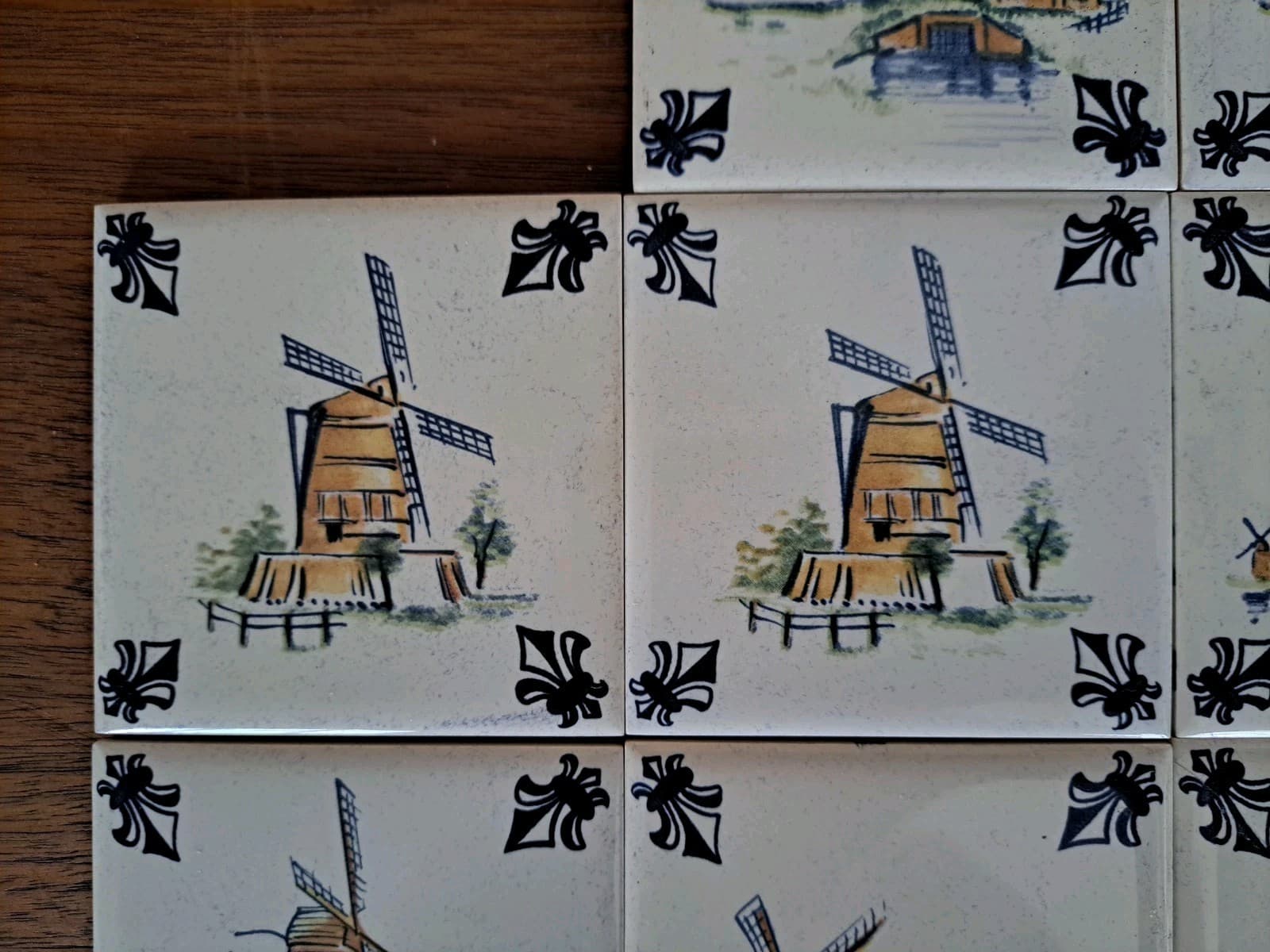 Vintage Set 12 KLM Airline Dutch Delft Ceramic POLICHROME Tile Coaster Windmills - Thumbnail 4