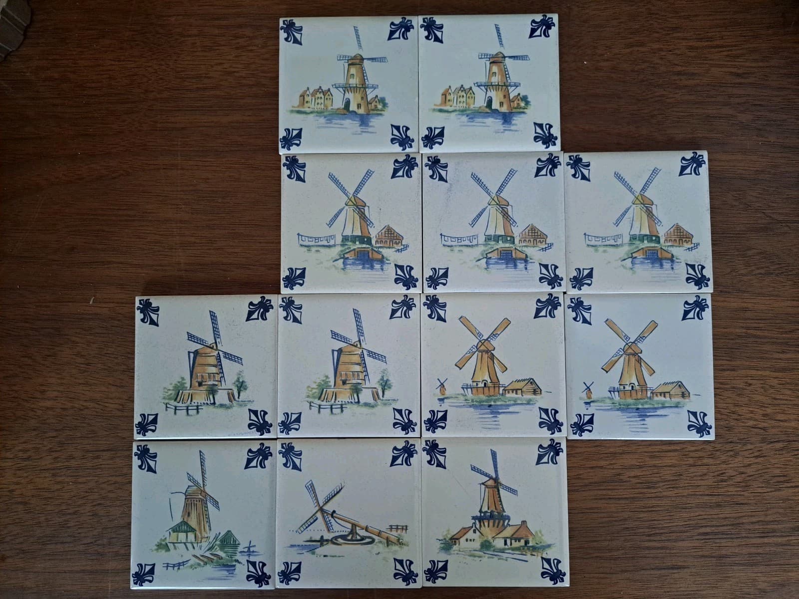 Vintage Set 12 KLM Airline Dutch Delft Ceramic POLICHROME Tile Coaster Windmills - Thumbnail 2
