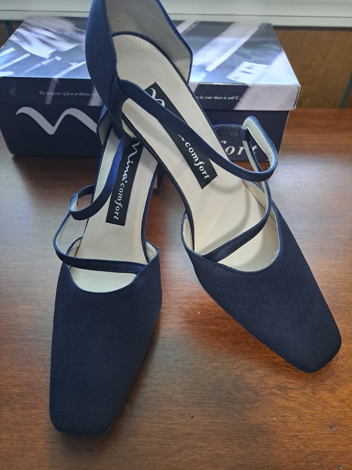 Nina Comfort Navy Blue Satin Style Strapy Evening Shoes Dress Heels Sz 9.5 Spain - Thumbnail 2