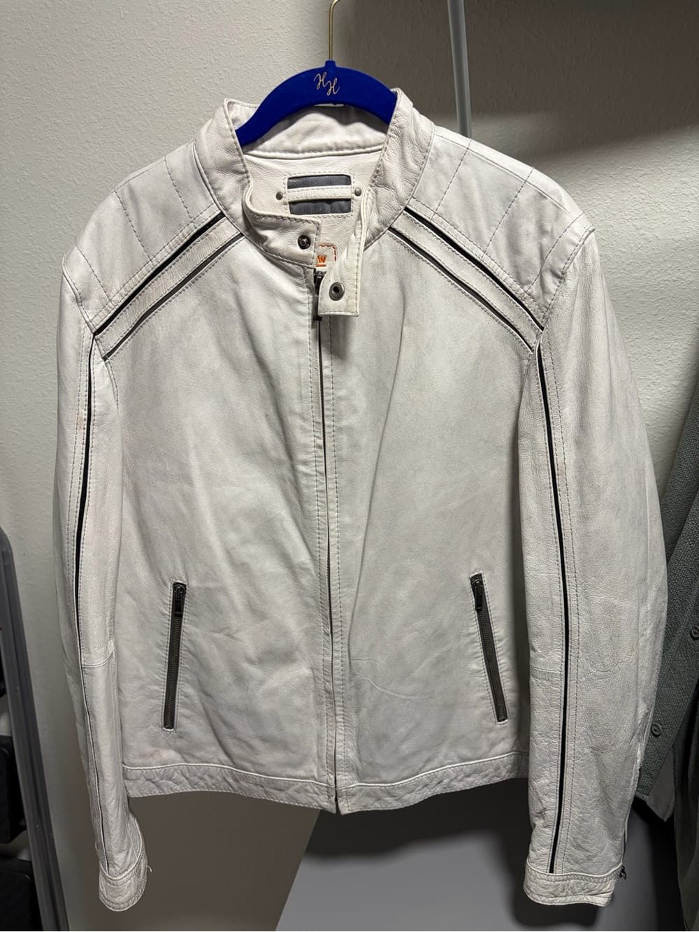 Wilsons Leather White Leather Bomber Jacket with Black Trim
