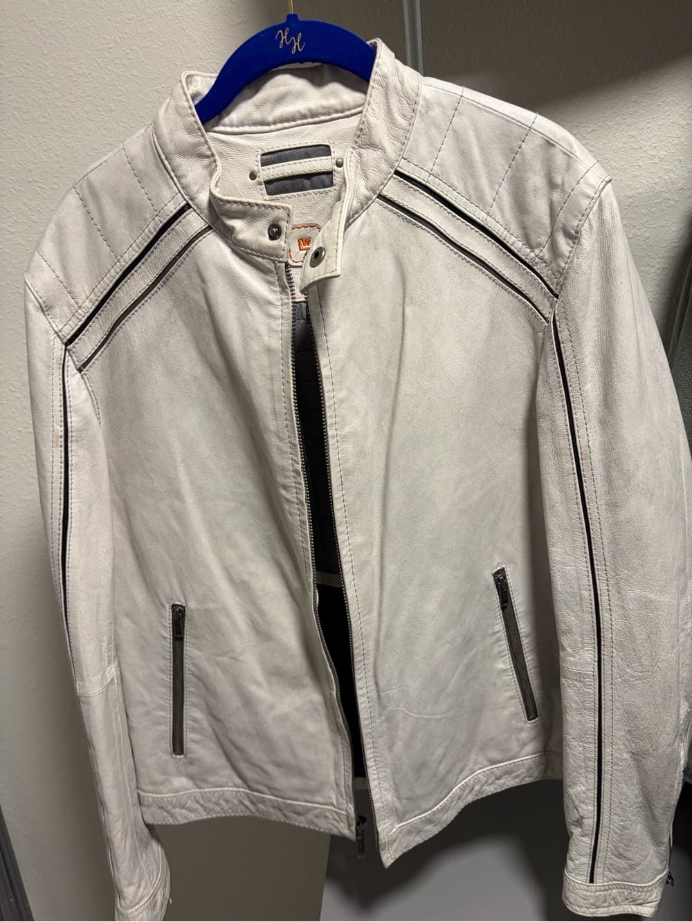 Wilsons Leather White Leather Bomber Jacket with Black Trim - Thumbnail 5
