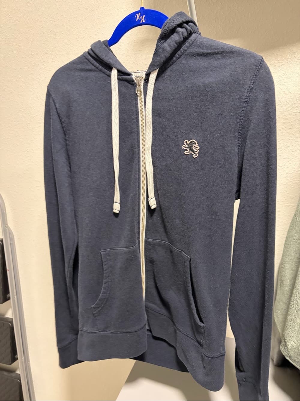 Express Men's Navy Zip-Up Hoodie with Contrast Drawstrings - Thumbnail 2