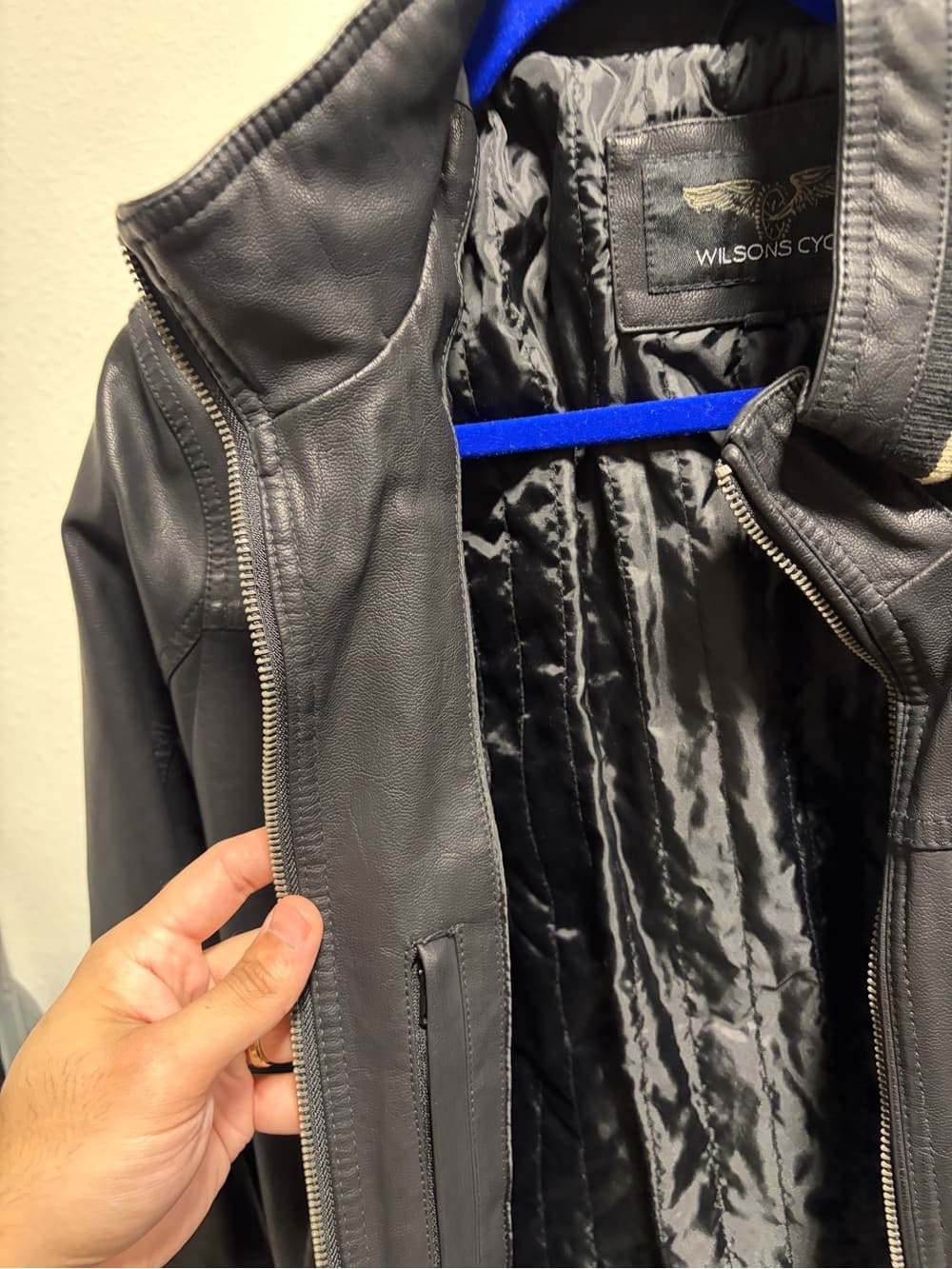 Wilson Leather Black Leather Bomber Jacket with Contrast Stripe Collar - Thumbnail 4