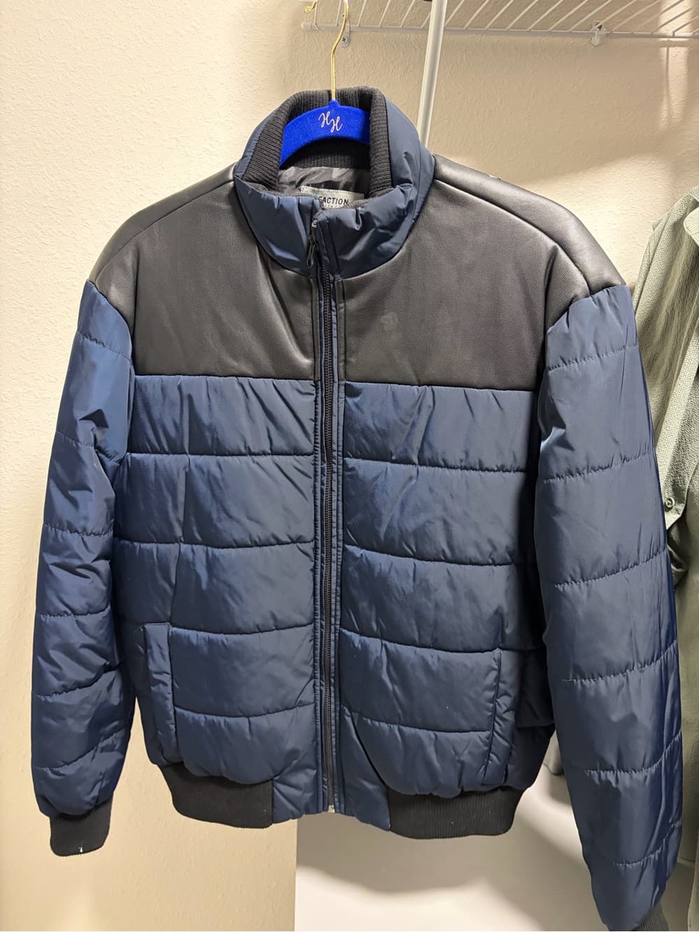 Kenneth Cole Navy Puffer Jacket with Black Yoke