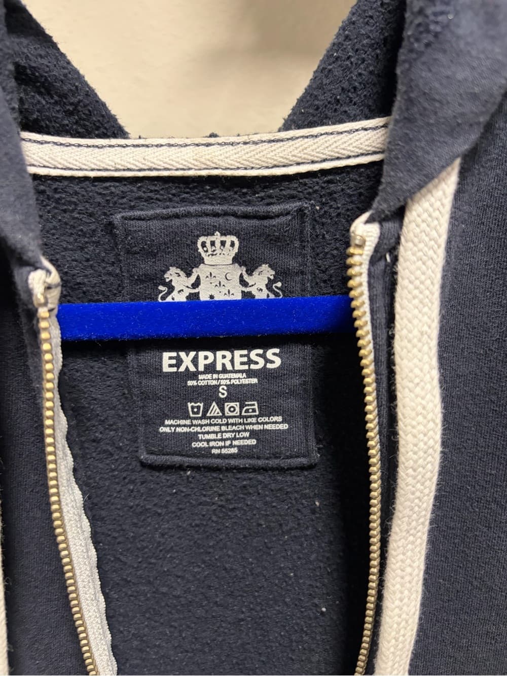 Express Men's Navy Zip-Up Hoodie with Contrast Drawstrings - Thumbnail 4