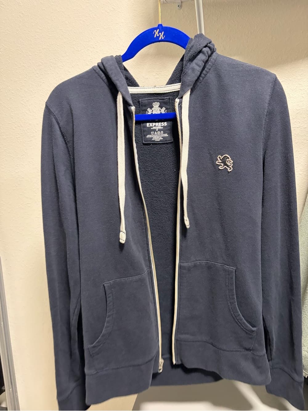 Express Men's Navy Zip-Up Hoodie with Contrast Drawstrings - Thumbnail 3