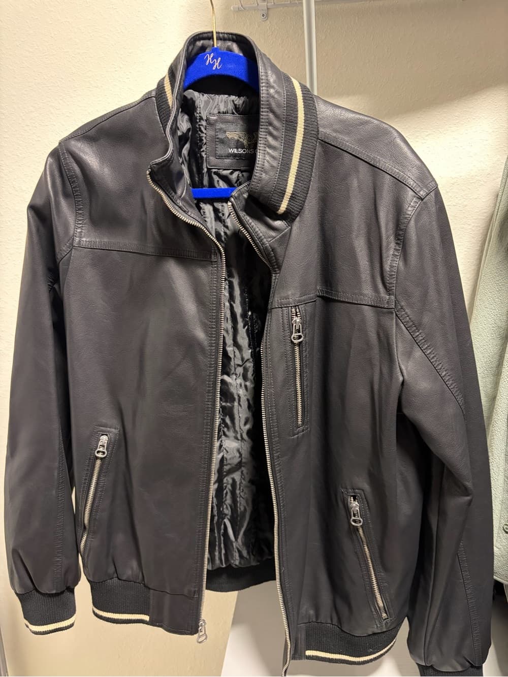 Wilson Leather Black Leather Bomber Jacket with Contrast Stripe Collar