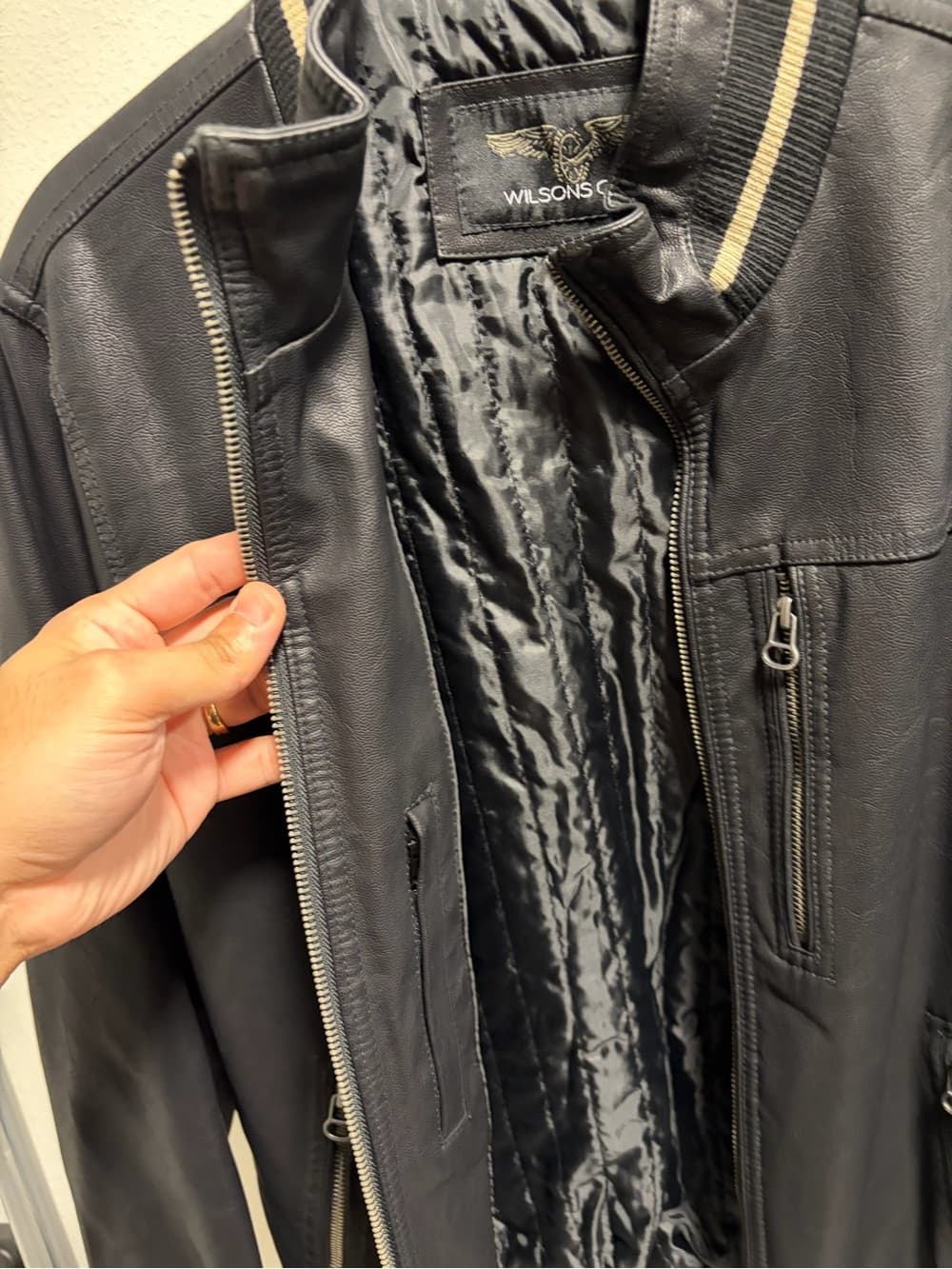 Wilsons Leather Black Leather Bomber Jacket with Cream Stripe Trim - Thumbnail 4