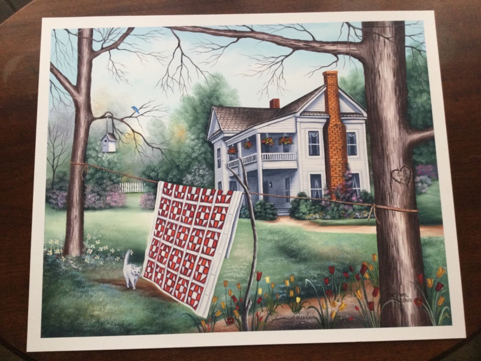 LINDA L. VACHON Signed Porched House with Quilt Drying 17 x 21 Art Print 1/300 - Thumbnail 2