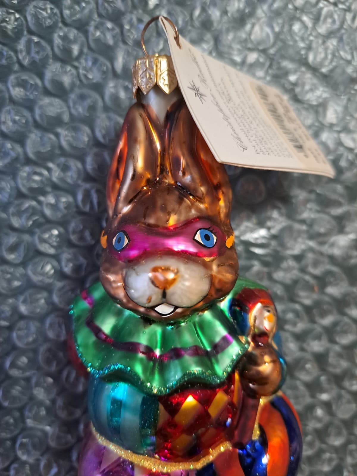 Radko 1999 Mask Hare Bunny Rabbit Ornament Harlequin Jester Colorful Clown w/Tag - Thumbnail 2