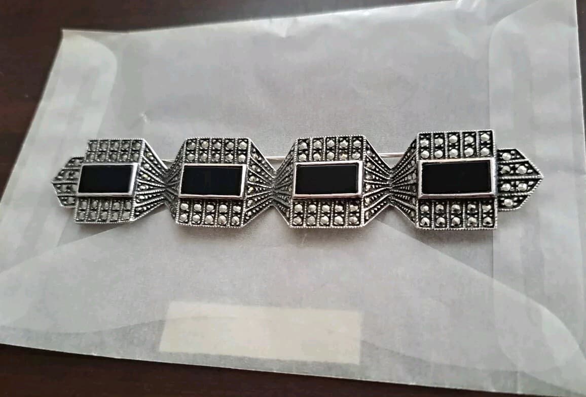Judith Jack Brooch Pin Sterling Silver Marcasite & Onyx Nouveau Art Deco 925 - Thumbnail 4
