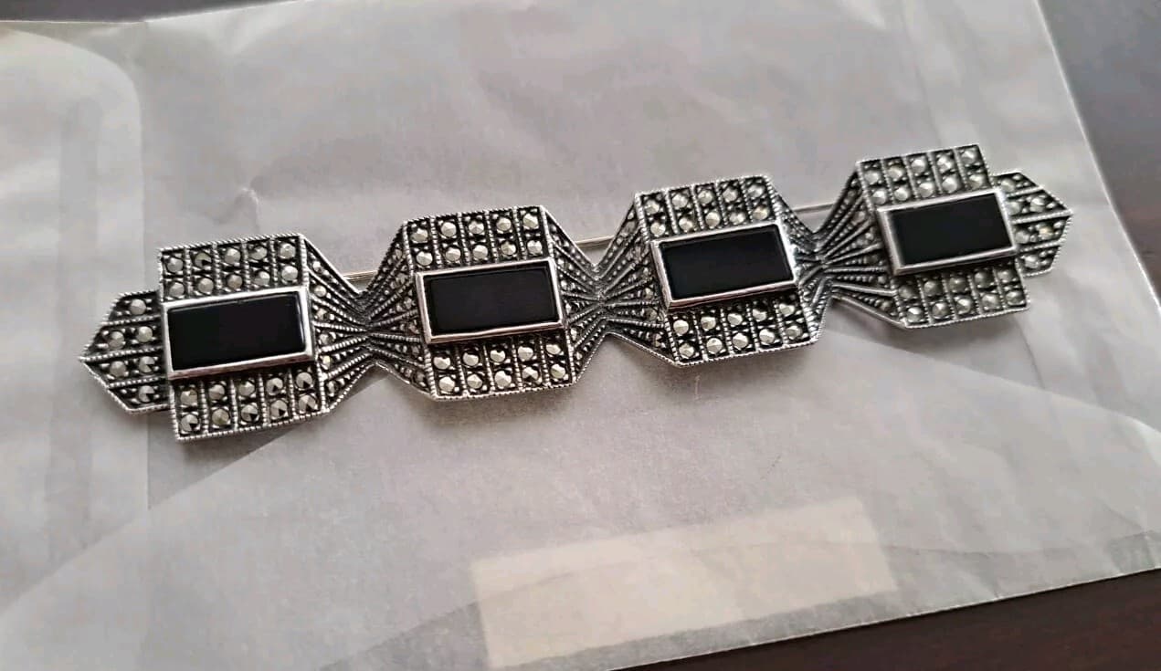 Judith Jack Brooch Pin Sterling Silver Marcasite & Onyx Nouveau Art Deco 925 - Thumbnail 3