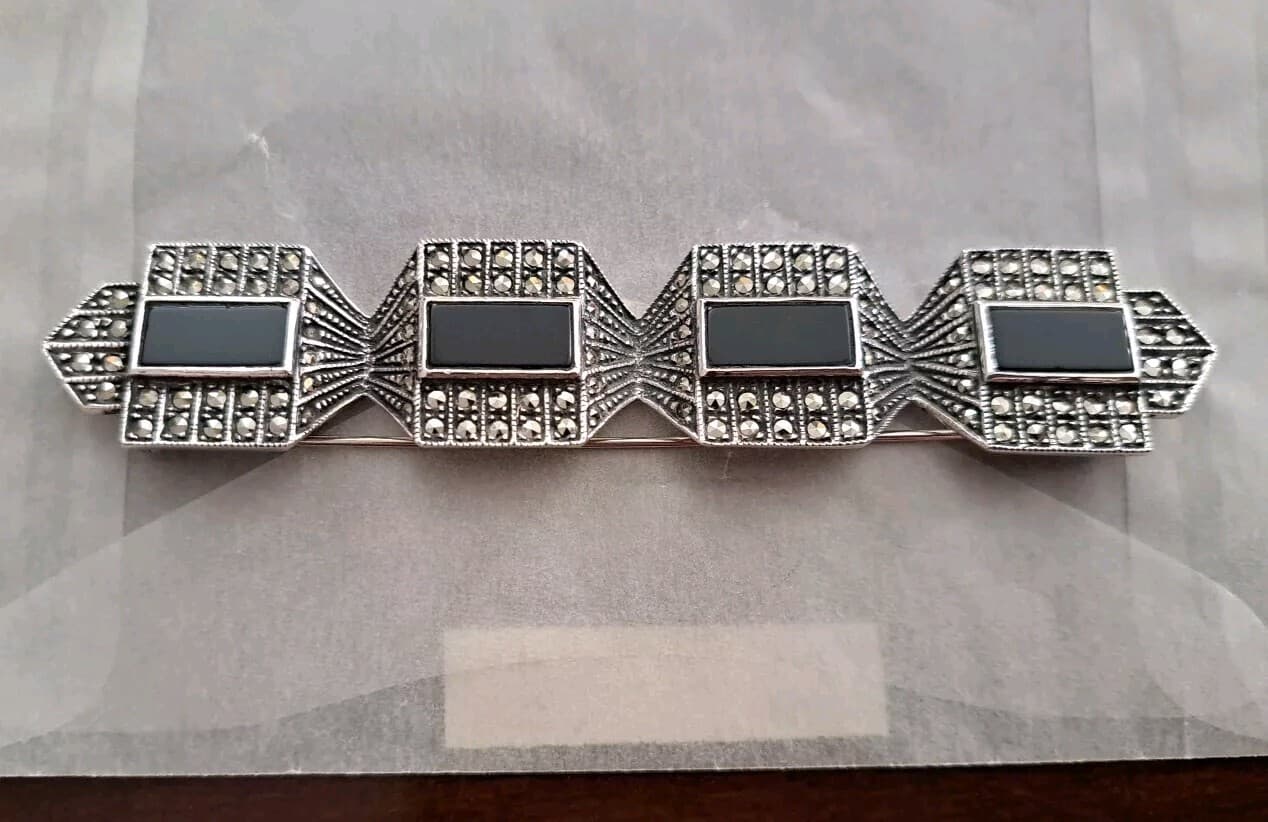 Judith Jack Brooch Pin Sterling Silver Marcasite & Onyx Nouveau Art Deco 925 - Thumbnail 10