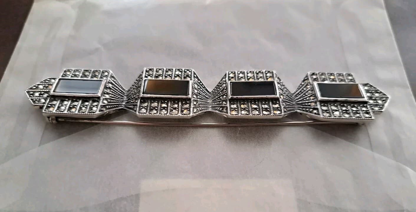 Judith Jack Brooch Pin Sterling Silver Marcasite & Onyx Nouveau Art Deco 925 - Thumbnail 9