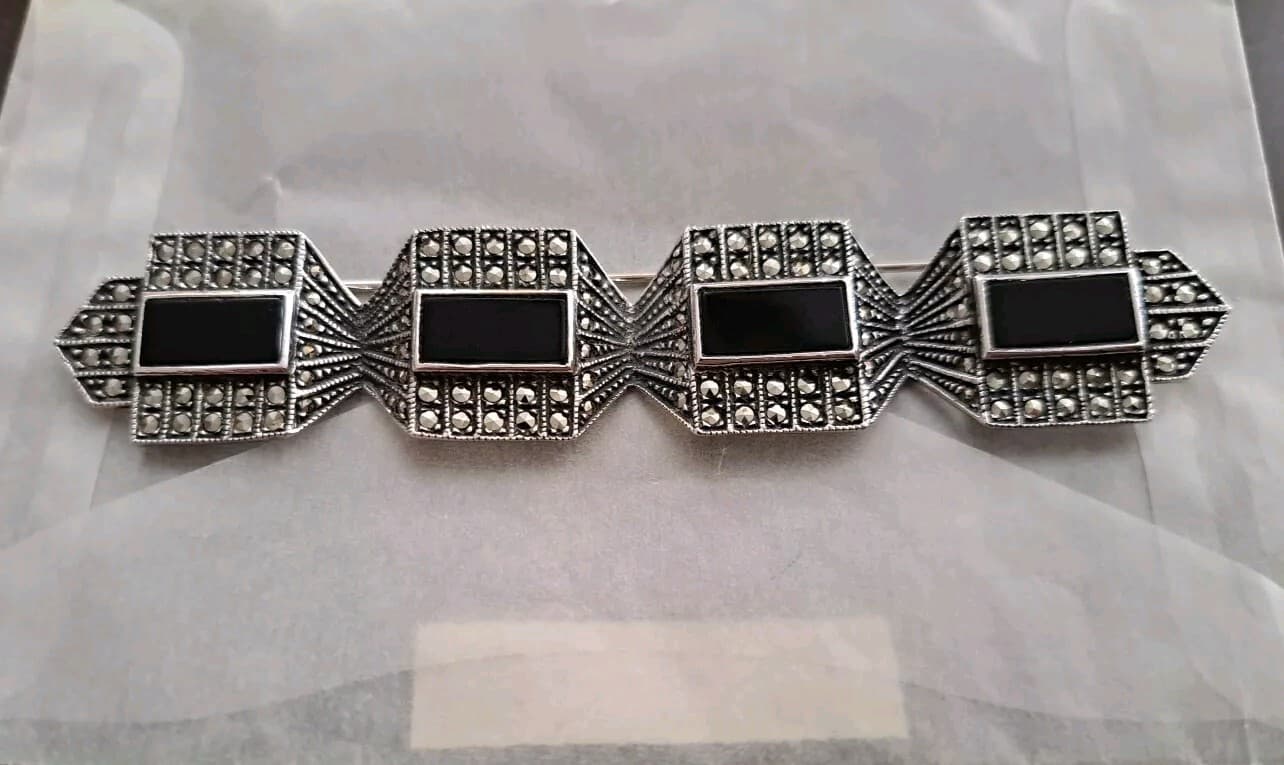 Judith Jack Brooch Pin Sterling Silver Marcasite & Onyx Nouveau Art Deco 925 - Thumbnail 2