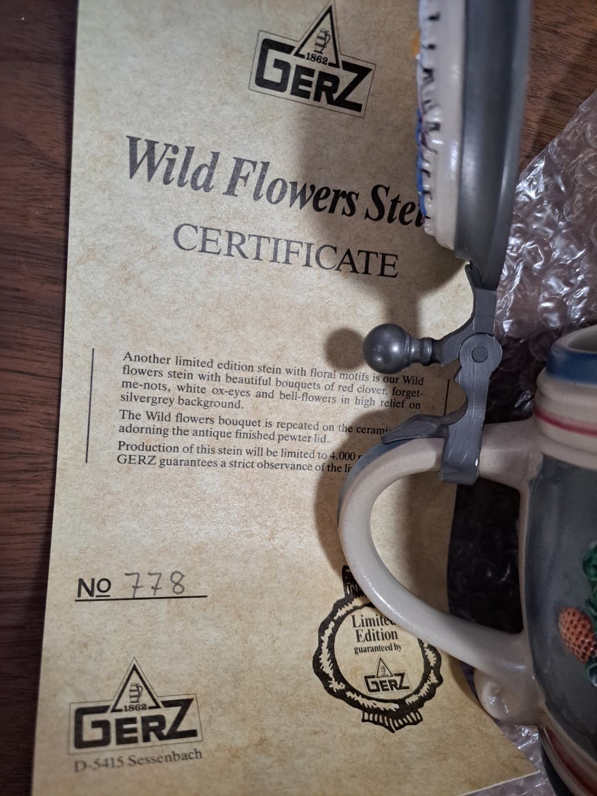 Gerz Ceramic LE Wild Flowers Beer Stein Pewter Lid #778/4000 COA W. Germany - Thumbnail 9