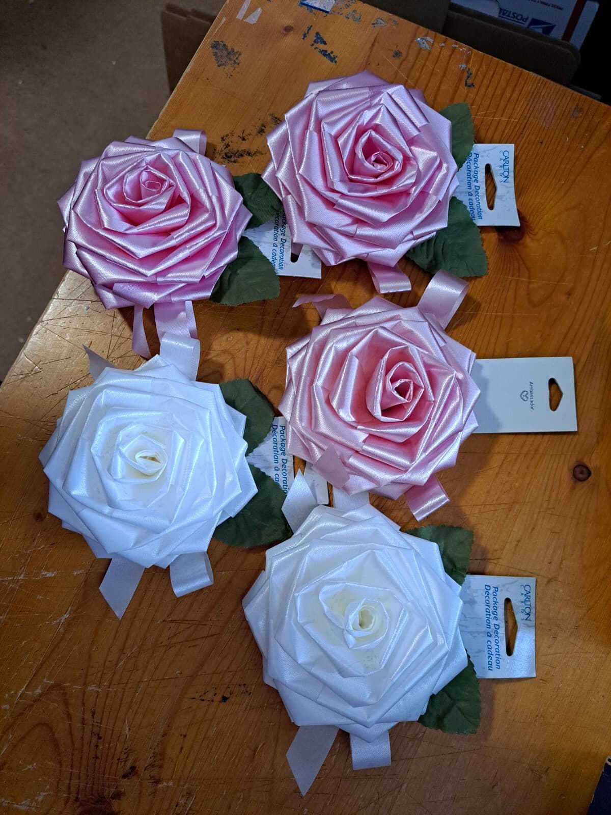 Carlton Cards Lot/5 Pink & White Rose Flower Gift Wrap Bow Present Topper NOS - Thumbnail 4