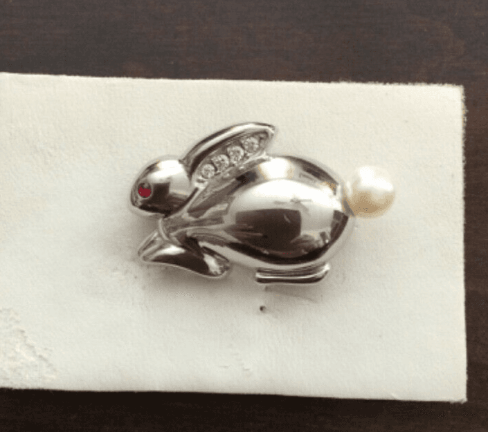 Krementz Sterling Silver Bunny Rabbit Pin Brooch Faux Pearl Tail Rhinestones HTF - Thumbnail 2