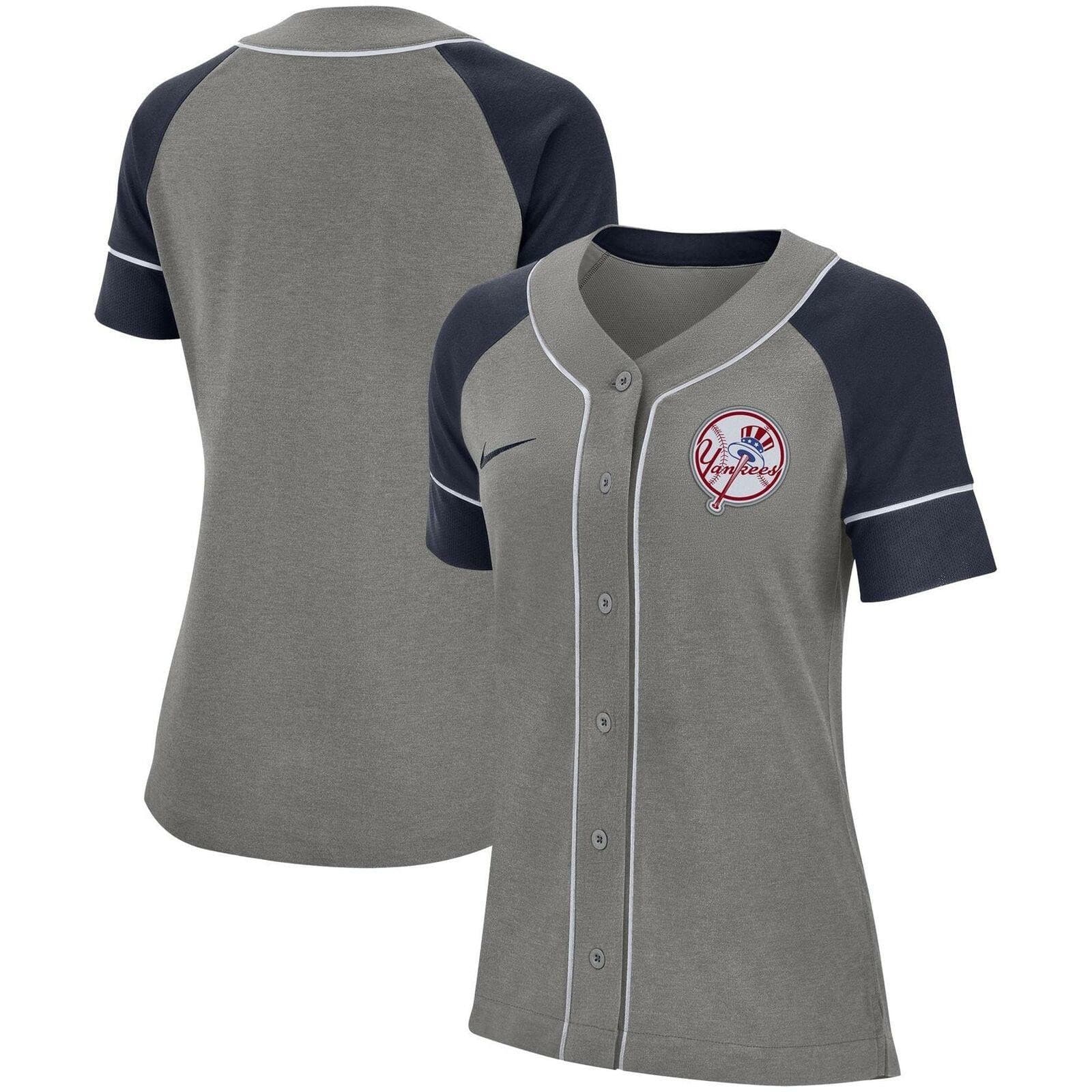 Nike Women's New York Yankees Dri-Fit Classic Raglan Jersey Large Gray/Blue - Thumbnail 4