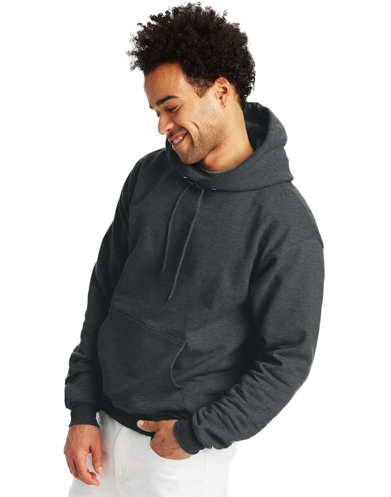 Hanes Men's Fleece Pullover EcoSmart Hoodie Charcoal Heather Gray Medium - Thumbnail 2