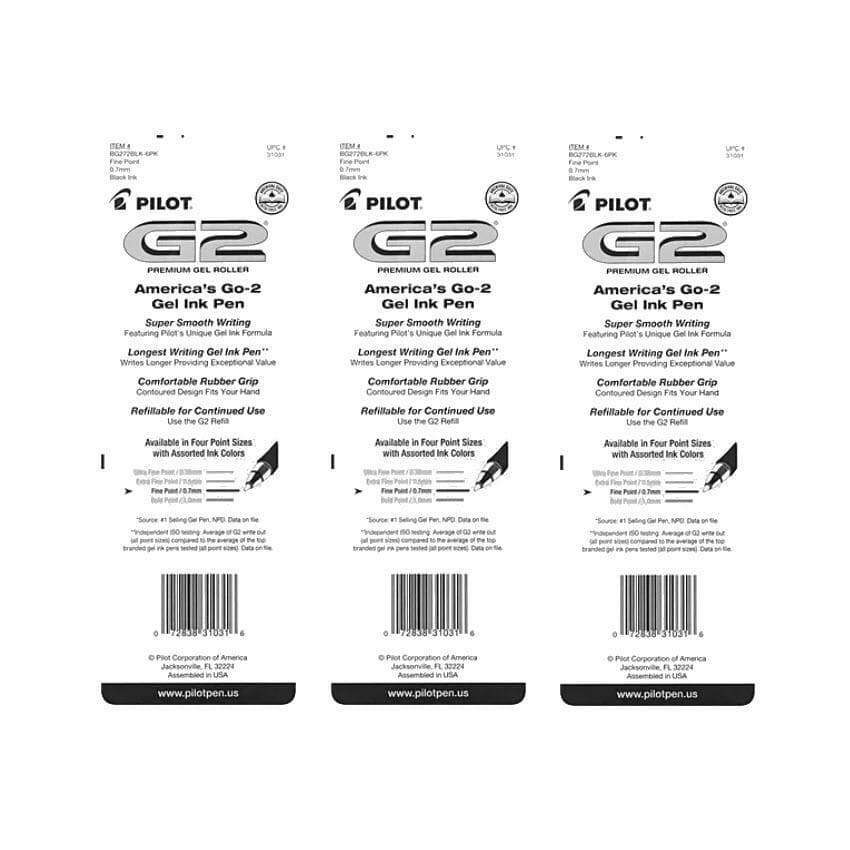 Pilot G2 Pen Black Ink 31031 Premium Gel Roller Fine 0.7mm 3 Pack 6 Pens - Thumbnail 2