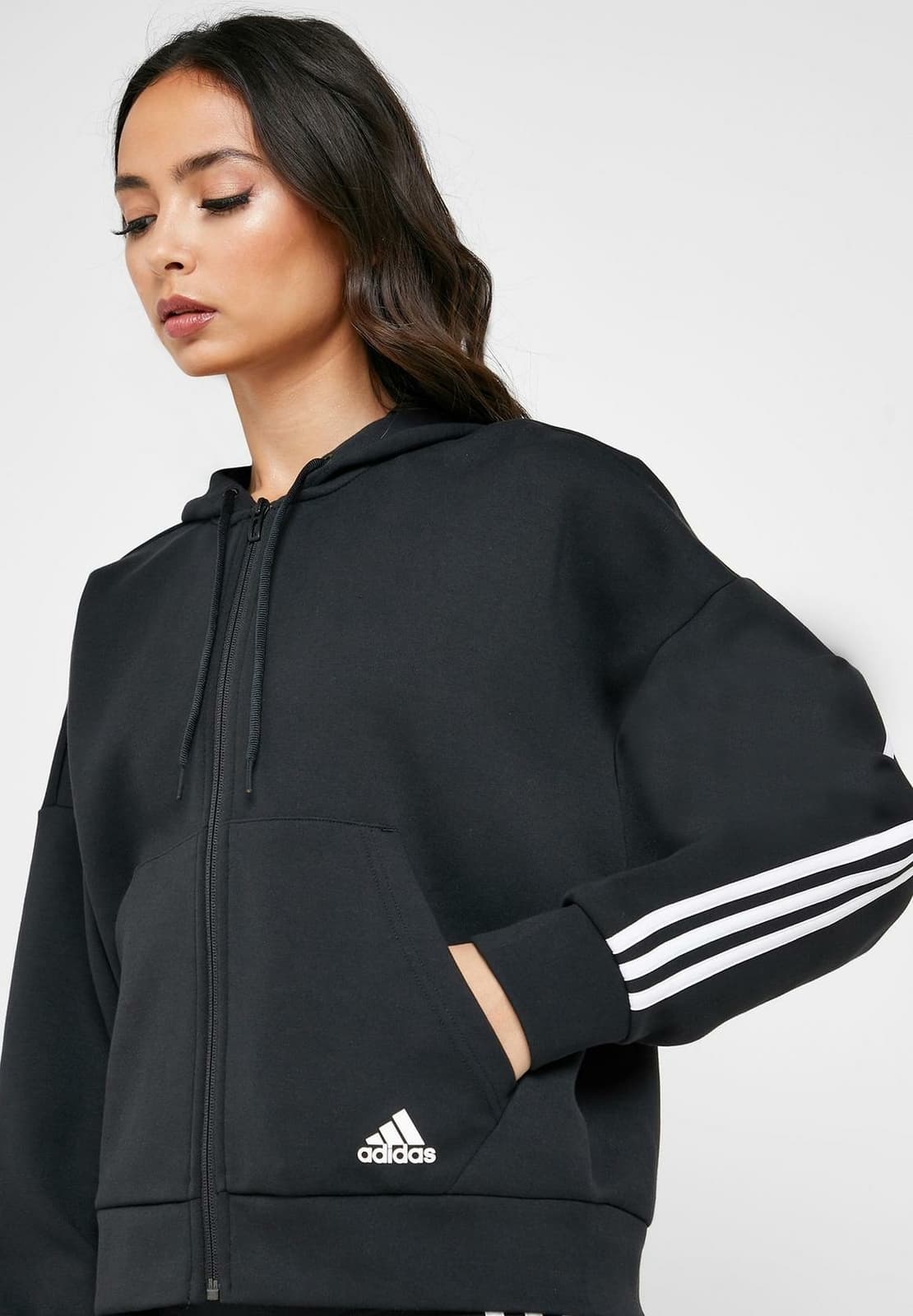 adidas Women's Must Haves Doubleknit Full Zip Hoodie Black/White Small - Thumbnail 2