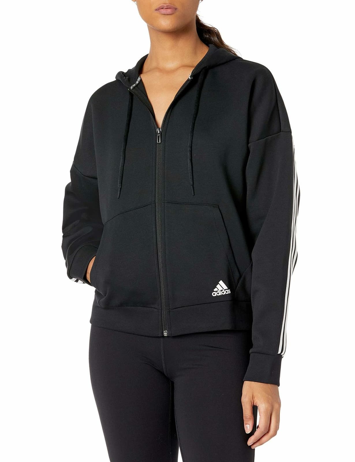 adidas Women's Must Haves Doubleknit Full Zip Hoodie Black/White Small - Thumbnail 9