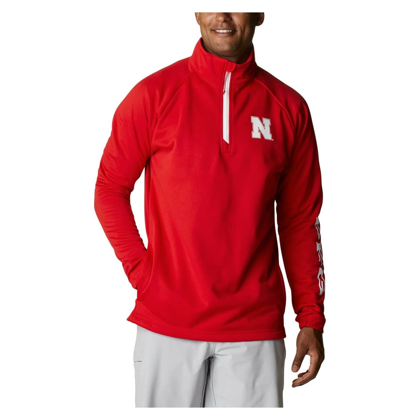 Columbia Men's Nebraska Cornhuskers Tackle Fleece 1/4 Zip PFG Jacket Red Large - Thumbnail 2