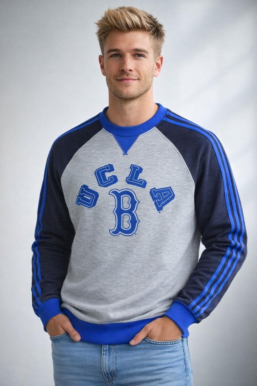 Adidas Men's UCLA Over B Pullover Crewneck Sweatshirt Gray X-Large $76 Value - Thumbnail 6
